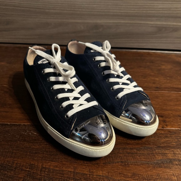 Miu Miu Navy Blue Suede Metal Cap Toe Lace Up Sneakers- 40 - Picture 2 of 14